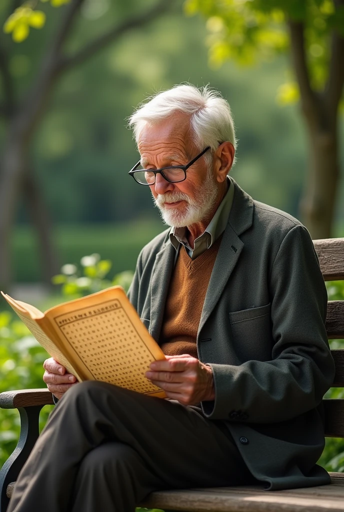 Grandpa sitting on a bench with a word search