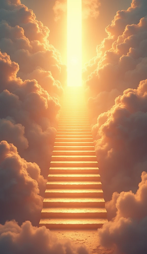 Here’s a detailed prompt for generating an image:
"A majestic staircase stretches upwards into the sky, starting from the ground and gradually ascending into the clouds. The steps are wide and slightly glowing, with each one radiating a soft, golden light. The staircase is surrounded by a tranquil landscape, with soft, wispy clouds swirling around it as it climbs higher. At the top, the staircase seems to merge with the heavens, disappearing into a brilliant, ethereal light that suggests a gateway to the divine. The sky above is a gradient of warm, inviting colors—shades of gold, pink, and soft blue—creating a sense of peace and spiritual elevation. The overall atmosphere is one of awe and reverence, symbolizing the journey towards heaven."