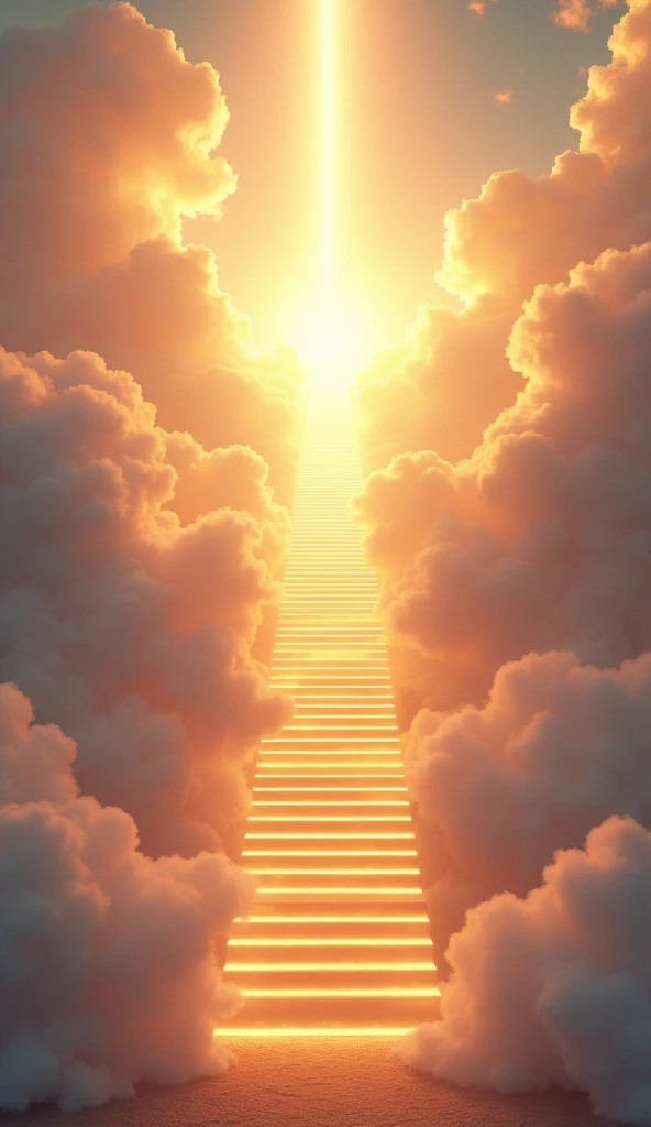 Here’s a detailed prompt for generating an image:
"A majestic staircase stretches upwards into the sky, starting from the ground and gradually ascending into the clouds. The steps are wide and slightly glowing, with each one radiating a soft, golden light. The staircase is surrounded by a tranquil landscape, with soft, wispy clouds swirling around it as it climbs higher. At the top, the staircase seems to merge with the heavens, disappearing into a brilliant, ethereal light that suggests a gateway to the divine. The sky above is a gradient of warm, inviting colors—shades of gold, pink, and soft blue—creating a sense of peace and spiritual elevation. The overall atmosphere is one of awe and reverence, symbolizing the journey towards heaven."