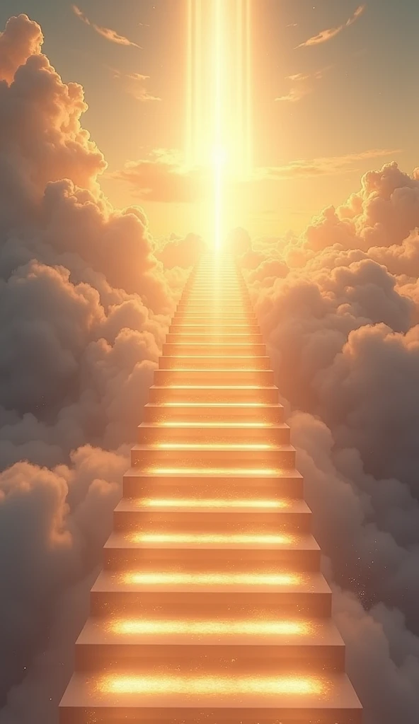 Here’s a detailed prompt for generating an image:
"A majestic staircase stretches upwards into the sky, starting from the ground and gradually ascending into the clouds. The steps are wide and slightly glowing, with each one radiating a soft, golden light. The staircase is surrounded by a tranquil landscape, with soft, wispy clouds swirling around it as it climbs higher. At the top, the staircase seems to merge with the heavens, disappearing into a brilliant, ethereal light that suggests a gateway to the divine. The sky above is a gradient of warm, inviting colors—shades of gold, pink, and soft blue—creating a sense of peace and spiritual elevation. The overall atmosphere is one of awe and reverence, symbolizing the journey towards heaven."