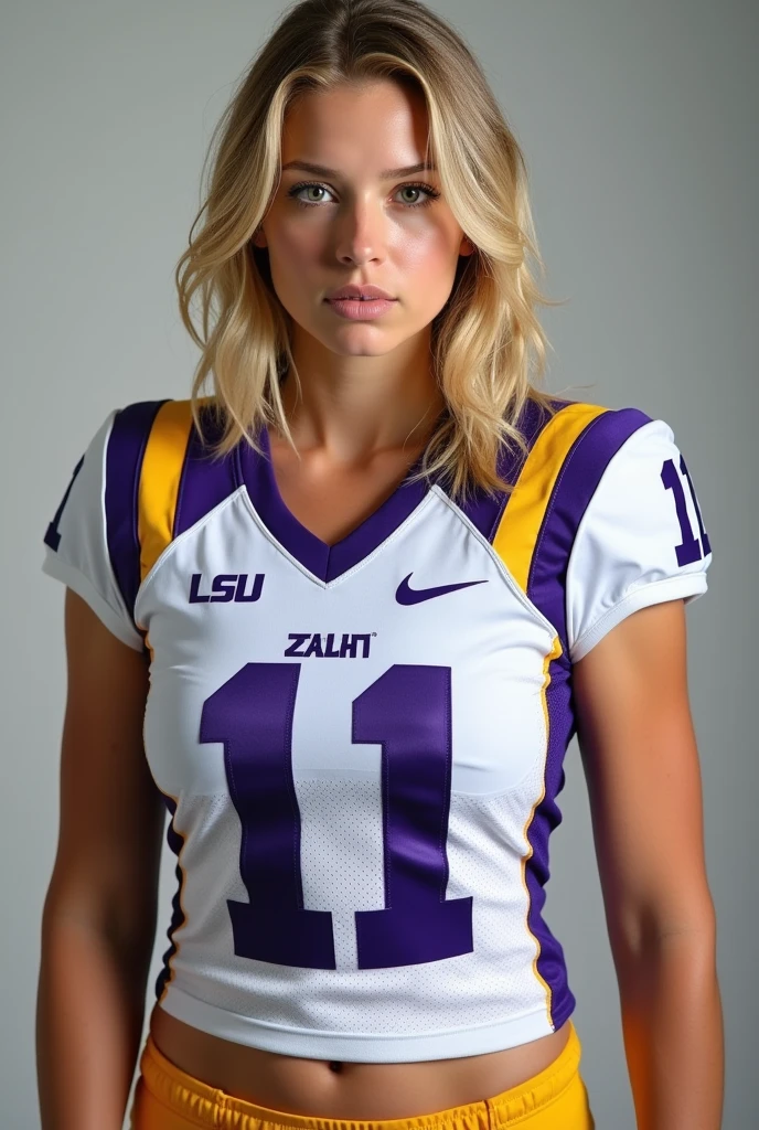 A photo of Jenna Kennedy, a tight end for the female LSU Tigers football team. Number 11. Blonde, thin and curvy