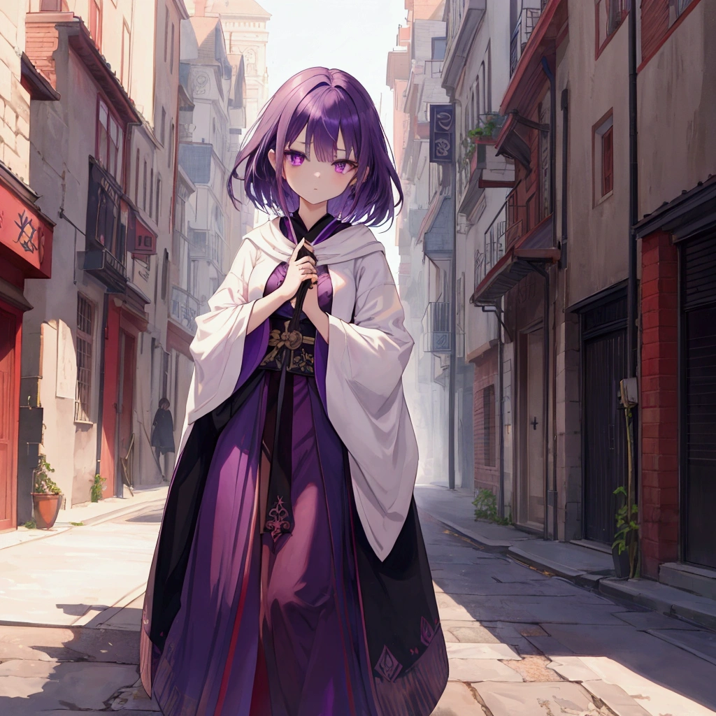 SAYUDEF, SAYURND ,1 girl, best quality, Amazing, beautiful detailed eyes, finely detailed, extremely detailed, full body, purple hair with red strand, purple eyes, short girl, skinny, fabric,robe,medieval outfit,assassin,dark purple theme,holding a dagger,ready to fight,watercolor,single face,no white elements ,full body, street background,watercolor,High Resolution, Masterpiece,