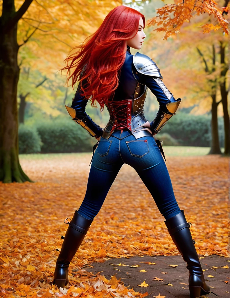 Create a full-body anime-style image of a 20-year-old human woman named Sylara Stormblade, seen from the back. She has long, straight red hair and an athletic build. Sylara is wearing studded armor on her upper body, tight dark blue jeans, and high red lace-up boots. In front of her, there are students in various fencing poses, indicating she is teaching a class. The setting is an autumnal outdoor medieval training ground, rich with fallen leaves and warm, earthy colors.