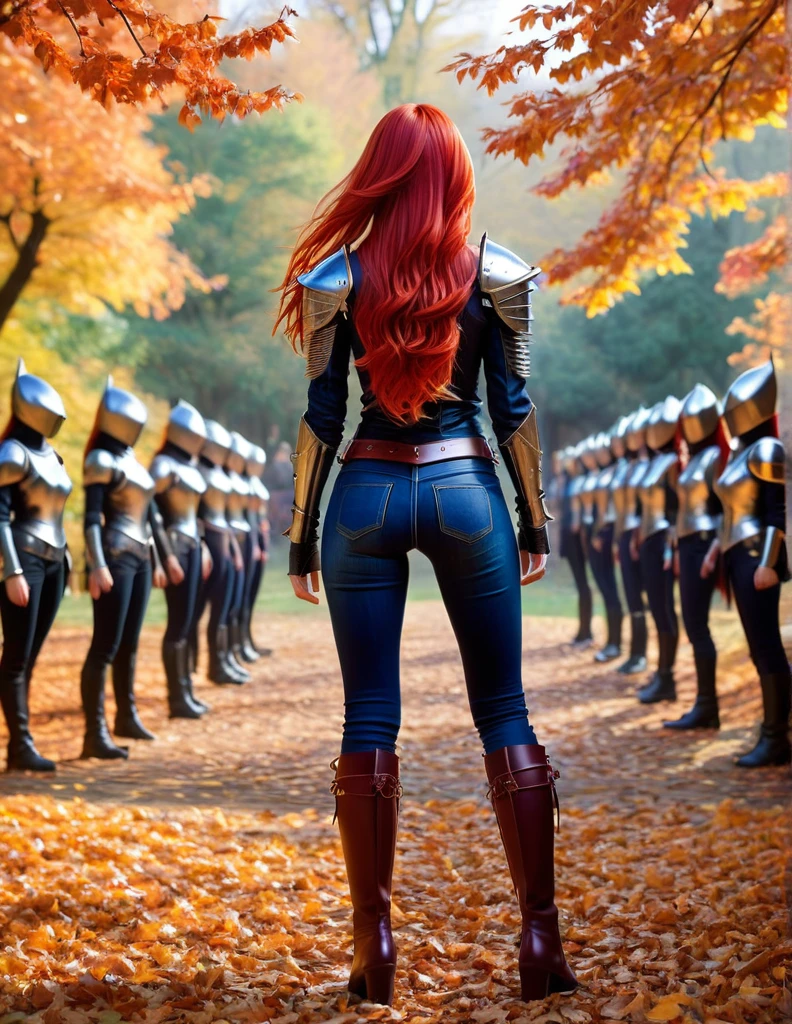 Create a full-body anime-style image of a 20-year-old human woman named Sylara Stormblade, seen from the back. She has long, straight red hair and an athletic build. Sylara is wearing studded armor on her upper body, tight dark blue jeans, and high red lace-up boots. In front of her, there are students in various fencing poses, indicating she is teaching a class. The setting is an autumnal outdoor medieval training ground, rich with fallen leaves and warm, earthy colors.