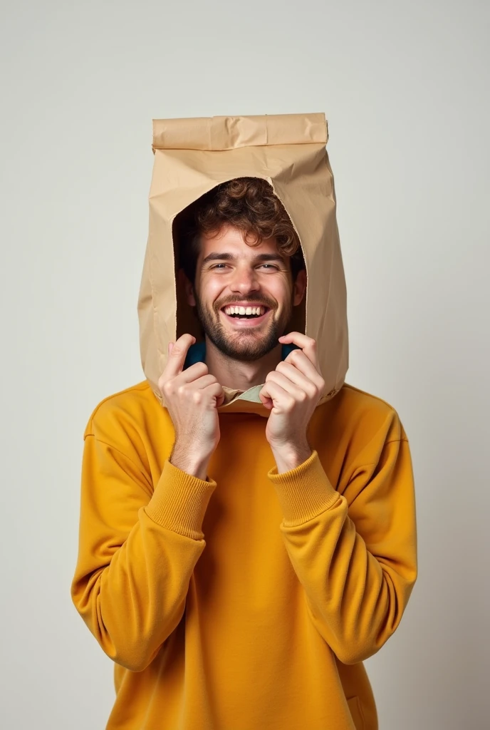 Young man with a paper bag on his head smiling