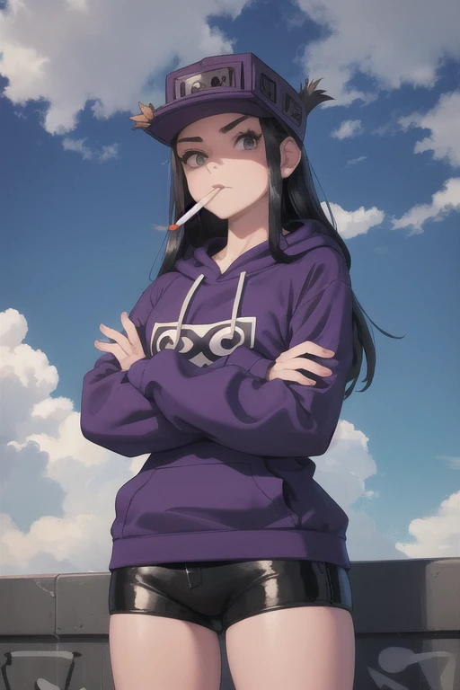 masterpiece, best quality,  cassettegirl, hat, purple hoodie, short shorts, cityscape, sky, clouds, graffiti, upper body, looking at viewer, crossed arms, cigarette in mouth, from above