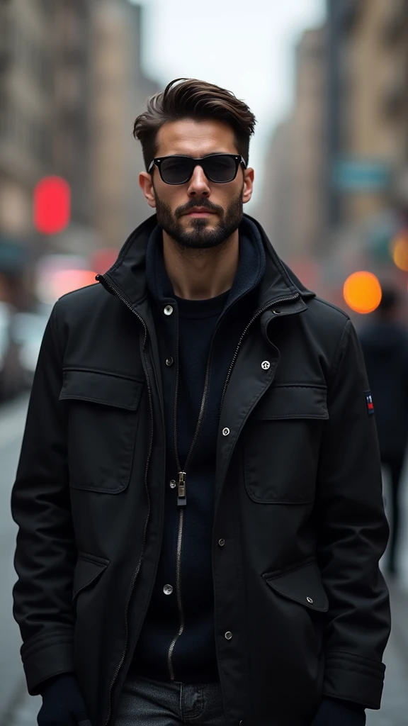 work of art, photorrealistic:1.4, extremely complex:1.3, radiosity, photon mapping, dtx, 8k), ((((walking down the street , closeup, Black jacke, sunglasses, dark beard and hair humid, humid, [skin-detail:freckles:0.7], naturals, Supermodel, businessman, age 26), busy street, ((downtown))
