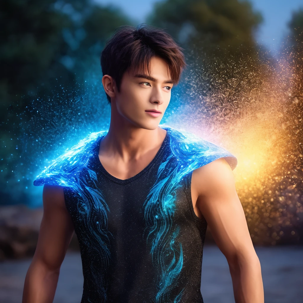 One realistic male with blue eyes and a muscular body with  magical aura,  flying in air in a magical world at night glitters all over 