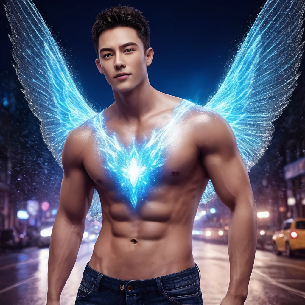 One realistic male with blue eyes and a muscular body with magical aura, flying in air in a magical world at night glitters all over