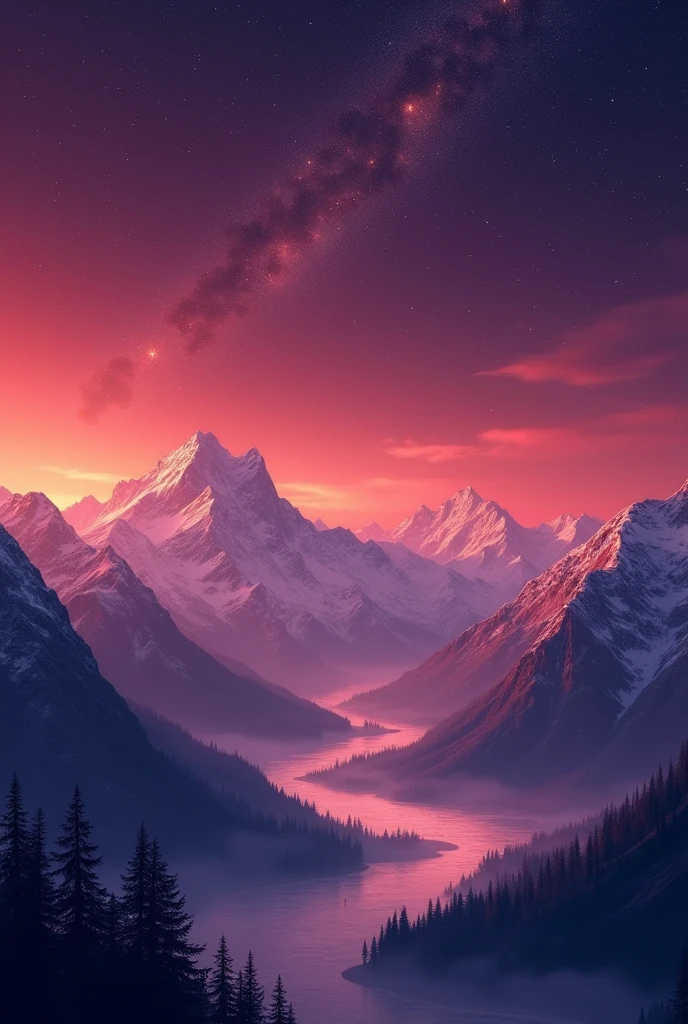 starry sky. Cannot contain clouds or sun. Mountains in the background. Gradient going from the lighter edge to the darker sky. To make the image burgundy colored.