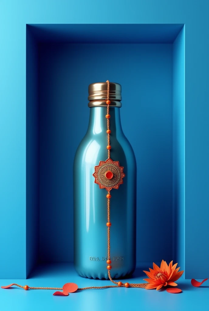 In a blue frame  A coffee bottle with rakhi 