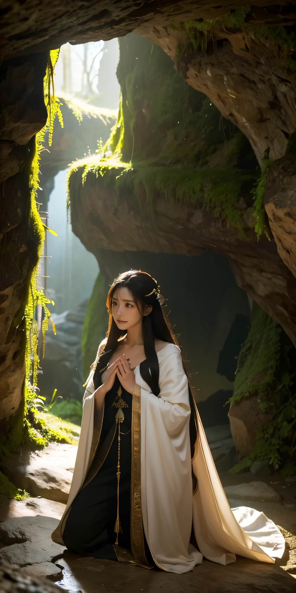 A woman kneeling at the entrance of a dark cave in a medieval fantasy setting. She wears simple yet elegant medieval attire, made of flowing fabrics in earthy tones, which blend naturally with the rugged, rocky surroundings. The entrance to the cave is mysterious and shadowy, surrounded by jagged rocks covered in moss and vines. The woman appears deep in thought or in prayer, her posture humble and solemn. The scene is lit by soft, natural light that casts gentle shadows, enhancing the mystical and enchanted atmosphere. The setting feels ancient, with a strong sense of reverence and mystery."Additional Parameters:Style: Realistic, fantasyLighting: Soft natural light, subtle shadowsColors: Earthy tones, natural shadesComposition: Woman centered at the cave entrance, rocks and overgrowth around herEnvironment: Medieval, ancient cave, mystical atmosphere, quiet reverence