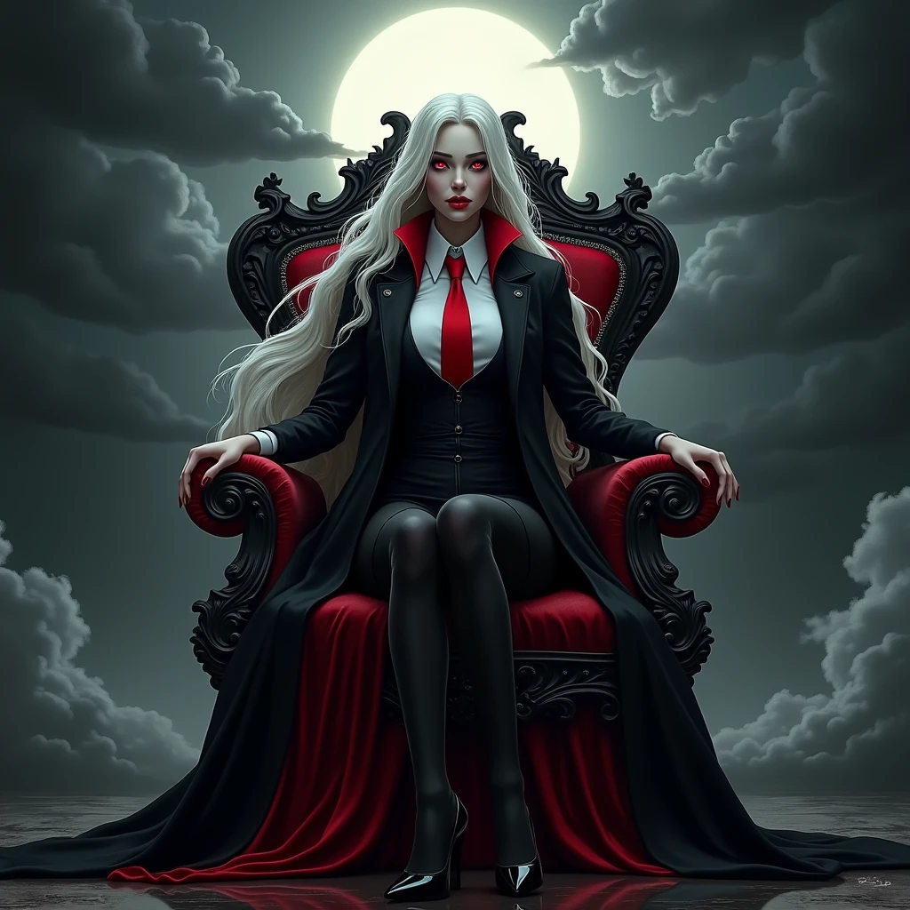 The woman vampire red eyes, long white hair,
She wear the long black coat inside the black coat has carmine color, black suit, white shirt, red necktie, long black pencil skirt, black tights, black high heels.
She sitting on the throne, black grey sky, fantastic night sky, moon, cartoon novel, 4K, HD