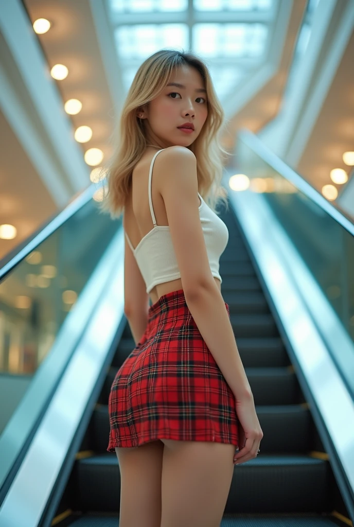 8K, masterpiece, ultra sharp focus, intricate detailed, an extremelly beautiful japanese young girl, blond medium wavy hair, slender body, long legs, light smile to the viewer, she's standing back view on escalator that going up in the mall, ((taken from below her)). She's wearing white crop top camisole and red tartan micro skirt, cinematic color tone, back view, looking over shoulder, cool lighting, soft bright front studio lighting, pale skin, (((upskirt)))