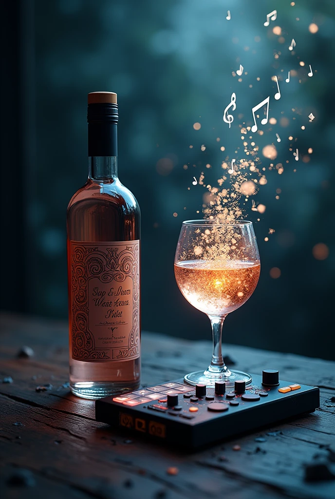 a bottle of wine and a glass overflowing with musical notes
And a Rane One controller