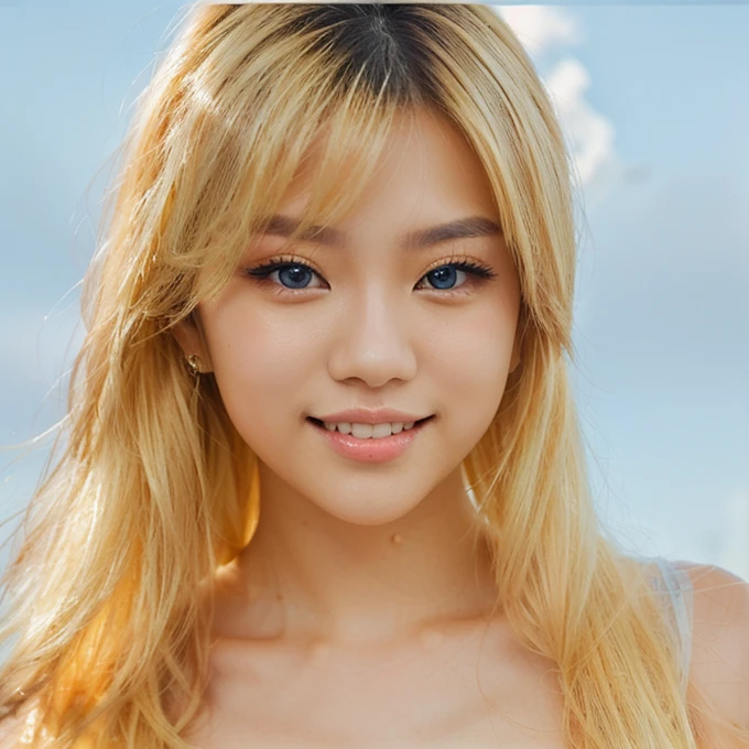 Gorgeous asian woman with blonde hair and blue eyes posing for a picture, pretty girl with blonde hair, girl with blonde hair, beautiful asian girl, sky blue highlights in hair, neon blue highlights, chinese girl, asian beautiful face, blonde hairstyle, beautiful asian woman