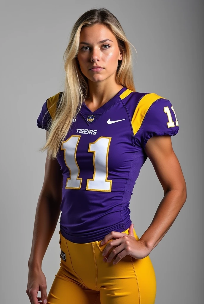 A photo of Jenna Kennedy, a tight end for the female LSU Tigers football team. Number 11. Blonde, thin and curvy