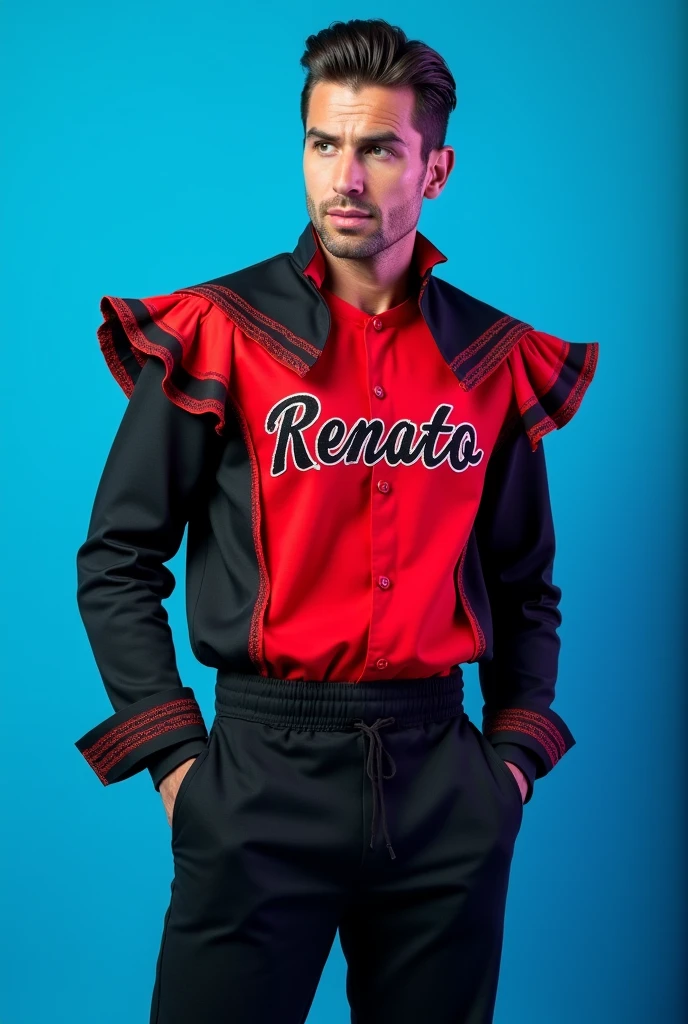 naughty man,flamengo blouse,black jogger pants,slickedback hair,Renato written on the shirt,blue background.