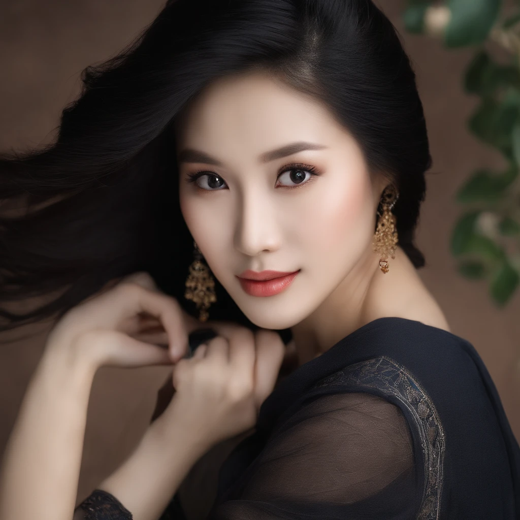 Bust photo of a beautiful brunette chinese woman, long straight  black hair, light and cheerful round face, black eyes, thin lips and thin nose.