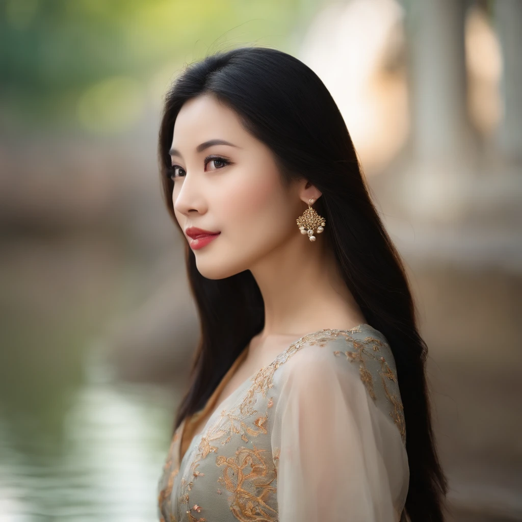 Bust photo of a beautiful brunette chinese woman, long straight  black hair, light and cheerful round face, black eyes, thin lips and thin nose.