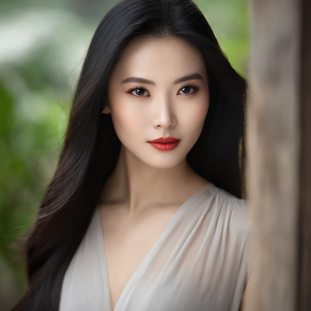 Bust photo of a beautiful brunette chinese woman, long straight black hair, light and cheerful round face, black eyes, thin lips and thin nose.