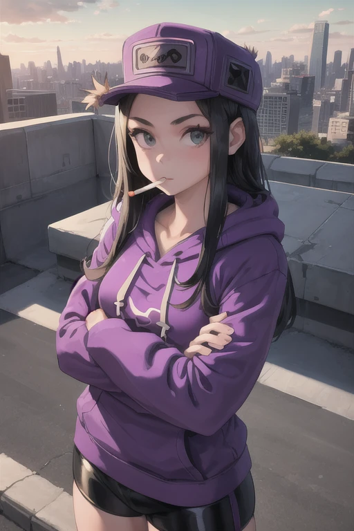 masterpiece, best quality,  cassettegirl, hat, purple hoodie, short shorts, cityscape, sky, clouds, graffiti, upper body, looking at viewer, crossed arms, cigarette in mouth, from above