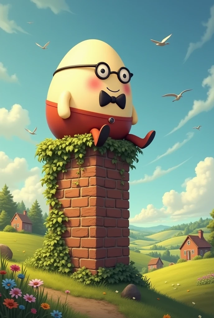 Humpty Dumpty, a large, round egg with a cheerful smile, sits on top of a tall brick wall. The wall is old and slightly uneven, with ivy creeping up its sides. Humpty wears a pair of small, round spectacles and a bowtie, adding to his friendly appearance. Below the wall, there’s a beautiful landscape of rolling green fields dotted with colorful wildflowers. In the distance, you can see a few small houses with smoke gently rising from their chimneys. The sky is a clear, bright blue, with the sun shining warmly and a few white, fluffy clouds drifting by. Birds are soaring high in the sky, chirping happily. Humpty Dumpty is enjoying the view, completely relaxed, and unaware of the danger of sitting so high up.
