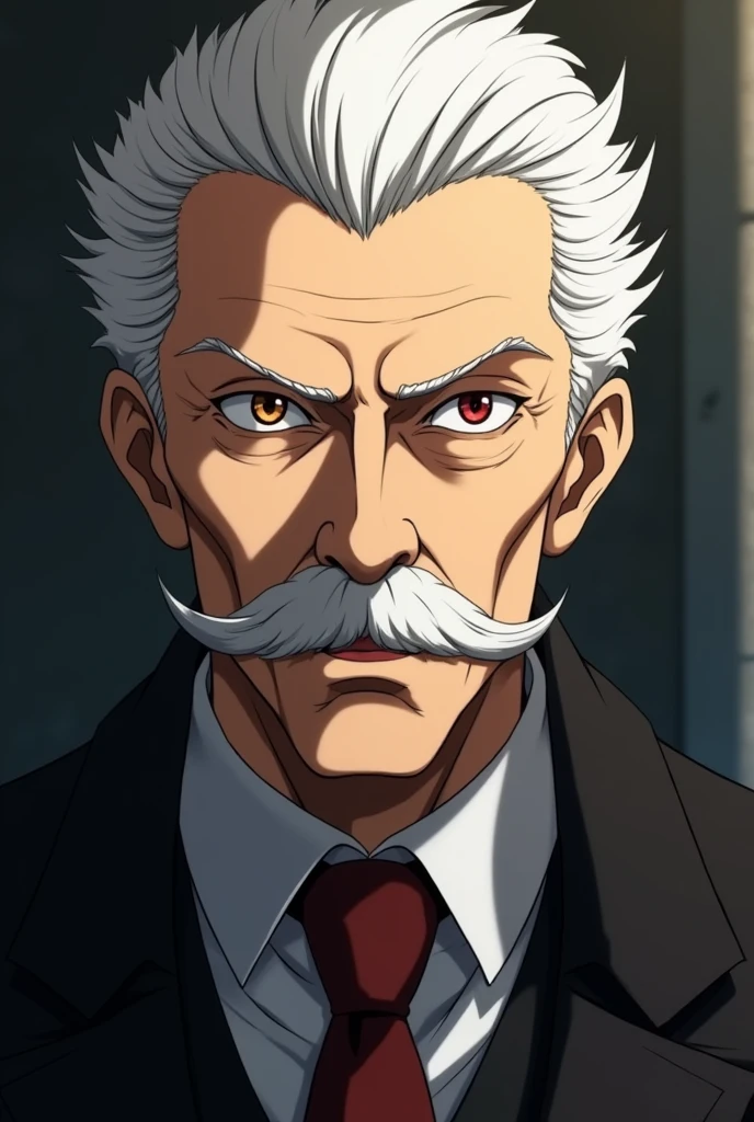 Character with white hair combed to the sides and a little big, red left eye, right eye brown,  a mustache, a black overcoat. Elderly appearance and an anime design