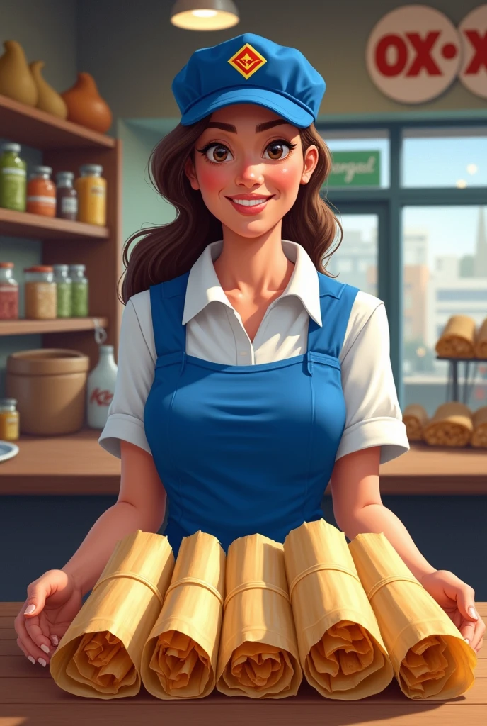 Woman in an Oxxo store uniform presenting tamales wrapped in corn husks with a smile