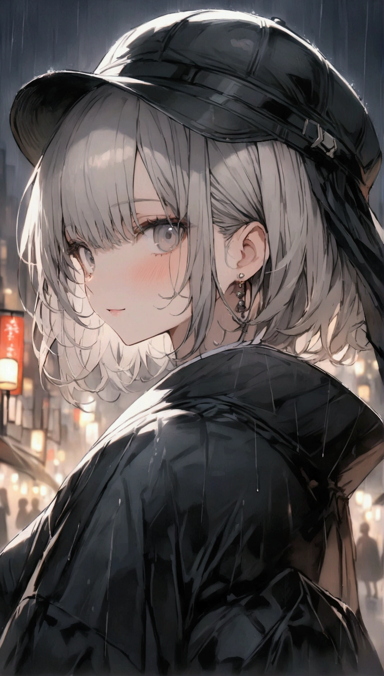 aestethic background, masterpiece, good quality, perfect quality, cute face, beautiful night city with lights, rainy day, black outfit, black hat, grey hair, short hair, grey eyes, black umbrella