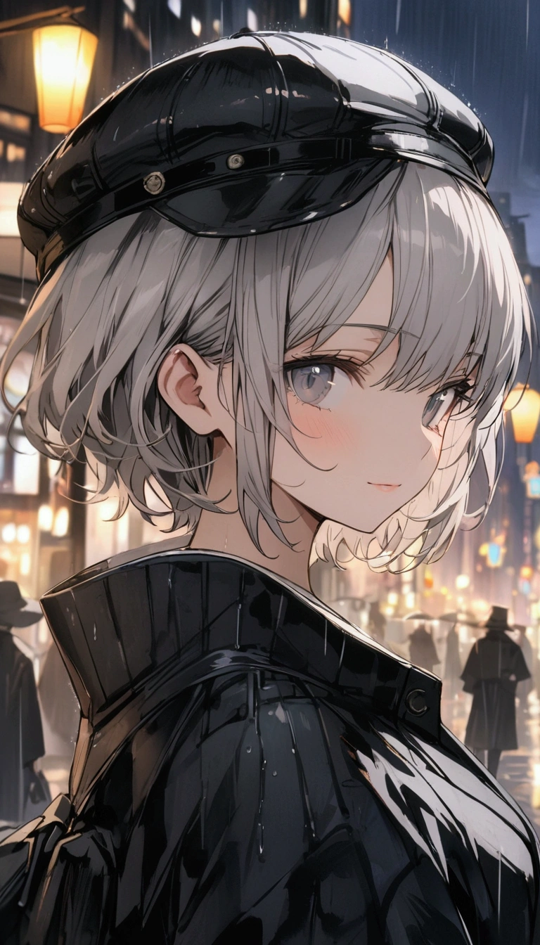 aestethic background, masterpiece, good quality, perfect quality, cute face, beautiful night city with lights, rainy day, black outfit, black hat, grey hair, short hair, grey eyes, black umbrella