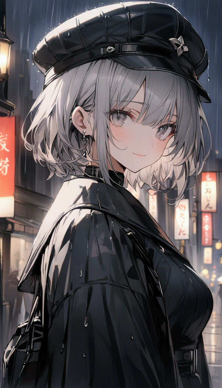 aestethic background, masterpiece, good quality, perfect quality, cute face, beautiful night city with lights, rainy day, black outfit, black hat, grey hair, short hair, grey eyes, black umbrella