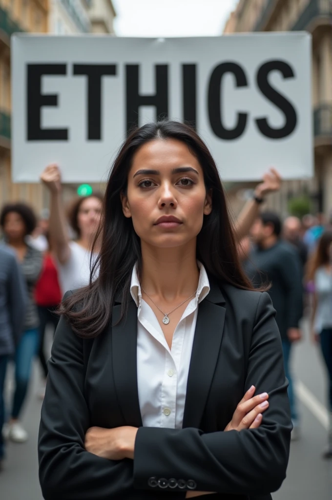 A woman journalist with a sign behind her that reads "ethics" In Portuguese