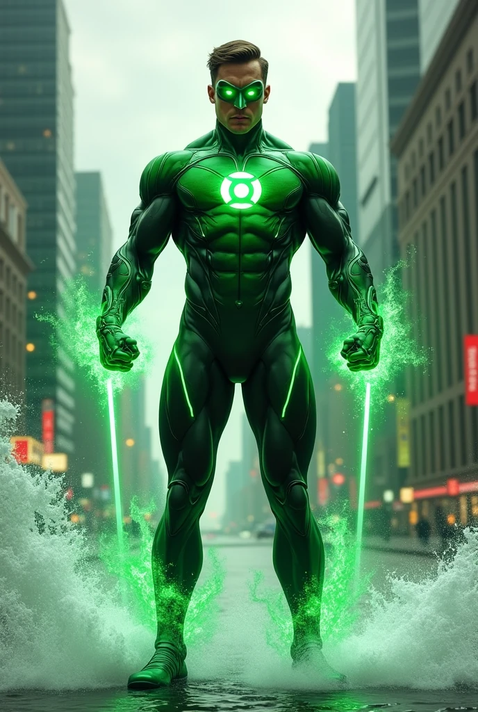 Create a superhuman who has water powers and can shoot laser beams from his eyes. He dressed as DC's Green Lantern