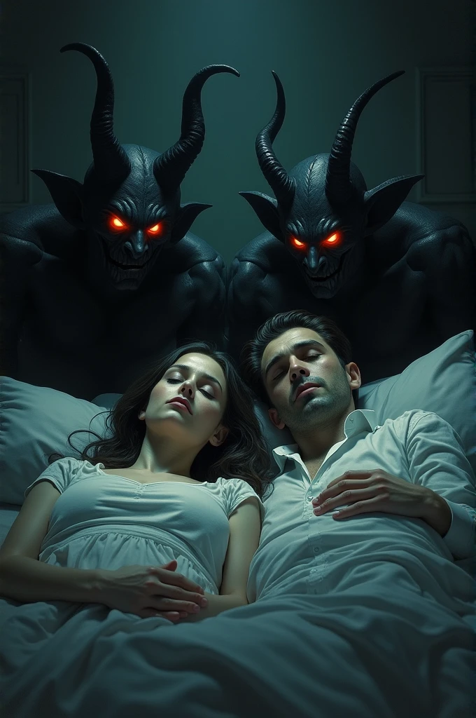 Woman and man sleeping and demon woman and man watching them