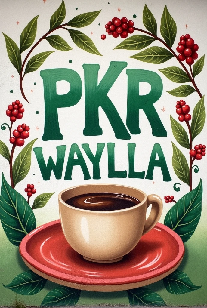 An illustration on a mural is white with the words PKR in light green, WAYLLA in dark green and KURI in red, along with drawings of coffee branches and a cup.