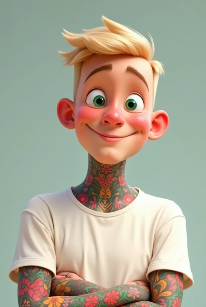 Pixar-style: Young white man, with almost bald blonde hair, greeneyes, white blouse and arms full of colorful tattoos smiling
