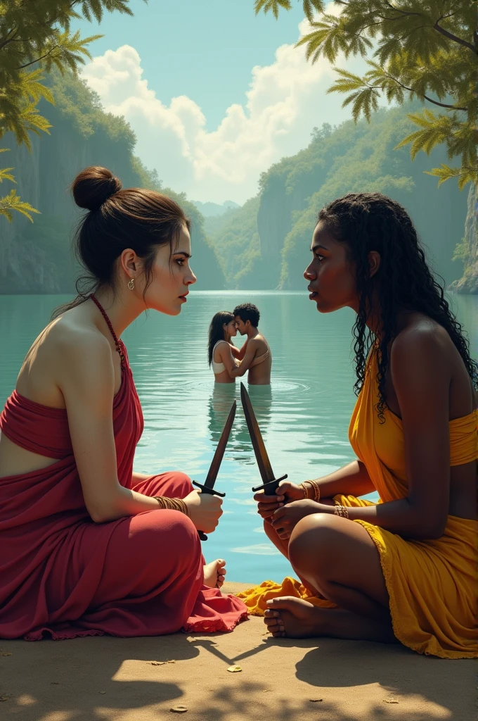 white skinned North Indian slave woman with dark skinned daughter, and dark skinned south indian slave woman with pale white skinned daughter, stone age, both have a similar build, both are sitting with their feet wide open and the soles of their feet touching ,beside a lake, both their faces have a angry frown , threaten eachother with a knife in their hands while their daughters are in the distance kissing in the lake