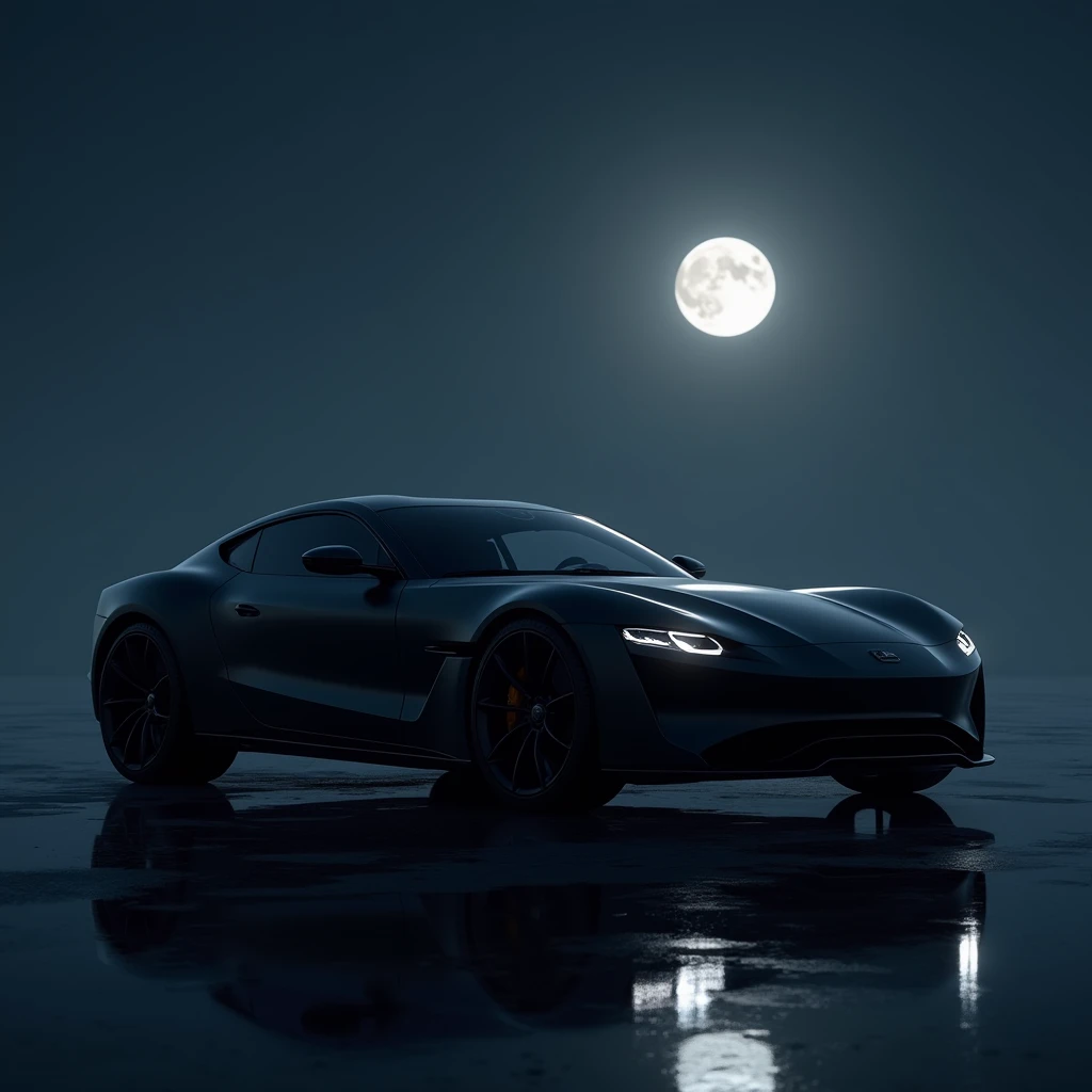 Une voiture de luxe noire mate, illuminé par la lune. La photo est hyper réaliste 
