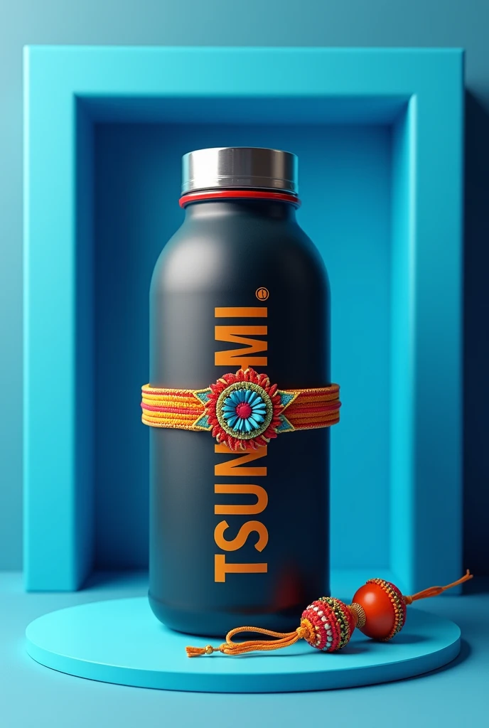 In a blue frame A coffee bottle named Tsunami with rakhi