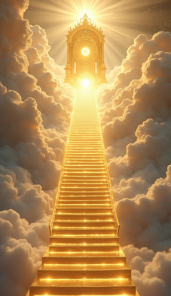 Here’s a detailed prompt for generating an image:

"A grand, radiant staircase ascends from the earth towards the heavens, leading directly to the magnificent throne of God. The steps are made of gleaming gold and ivory, each one shining with divine light. The staircase passes through layers of clouds, which are illuminated by a soft, heavenly glow. At the summit, the throne of God is visible, enormous and majestic, surrounded by a brilliant aura. The throne is crafted from pure gold, adorned with intricate designs and glowing gemstones, exuding an overwhelming sense of power and holiness. Above and around the throne, a blinding, celestial light radiates, filling the sky with shades of gold, white, and soft blue. Angels hover around the throne, adding to the sacred atmosphere. The scene evokes awe, reverence, and a profound sense of divine presence, symbolizing the ultimate spiritual journey."