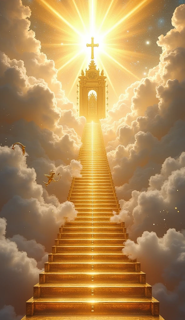 Here’s a detailed prompt for generating an image:
"A grand, radiant staircase ascends from the earth towards the heavens, leading directly to the magnificent throne of God. The steps are made of gleaming gold and ivory, each one shining with divine light. The staircase passes through layers of clouds, which are illuminated by a soft, heavenly glow. At the summit, the throne of God is visible, enormous and majestic, surrounded by a brilliant aura. The throne is crafted from pure gold, adorned with intricate designs and glowing gemstones, exuding an overwhelming sense of power and holiness. Above and around the throne, a blinding, celestial light radiates, filling the sky with shades of gold, white, and soft blue. Angels hover around the throne, adding to the sacred atmosphere. The scene evokes awe, reverence, and a profound sense of divine presence, symbolizing the ultimate spiritual journey."