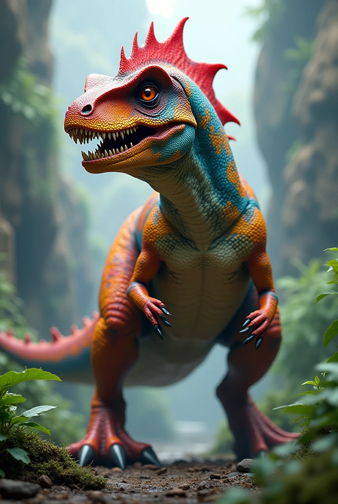 Fictional dinosaur that is between tender and threatening, colorful and poisonous depending on how colorful it is? that it be of land and large but not so tall, that it be a fearsome predator