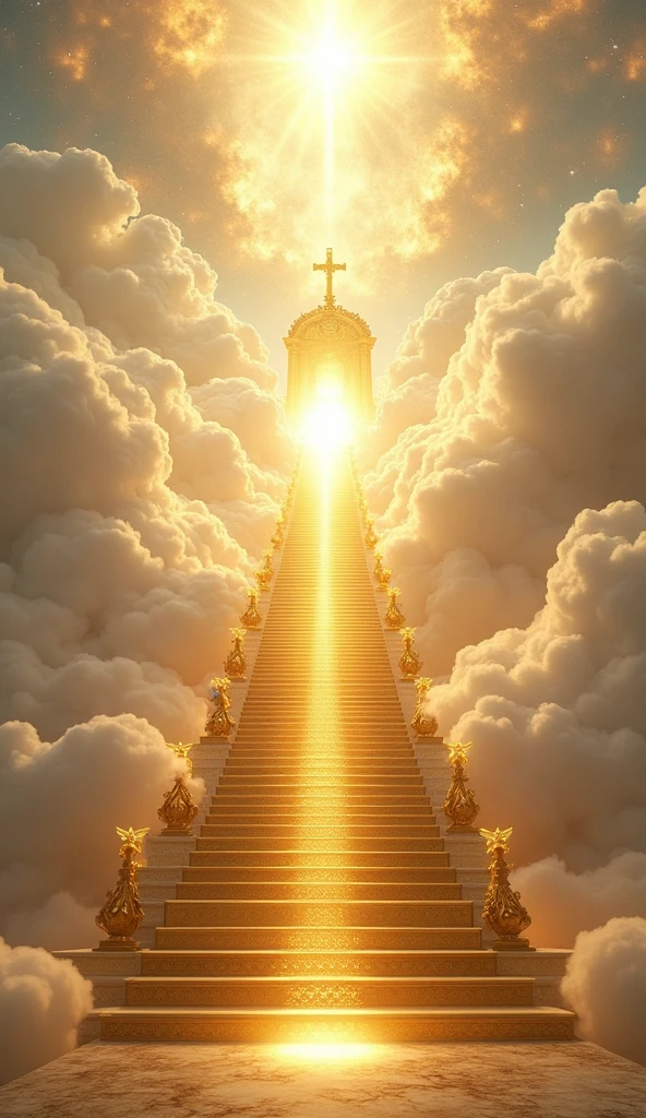 Here’s a detailed prompt for generating an image:
"A grand, radiant staircase ascends from the earth towards the heavens, leading directly to the magnificent throne of God. The steps are made of gleaming gold and ivory, each one shining with divine light. The staircase passes through layers of clouds, which are illuminated by a soft, heavenly glow. At the summit, the throne of God is visible, enormous and majestic, surrounded by a brilliant aura. The throne is crafted from pure gold, adorned with intricate designs and glowing gemstones, exuding an overwhelming sense of power and holiness. Above and around the throne, a blinding, celestial light radiates, filling the sky with shades of gold, white, and soft blue. Angels hover around the throne, adding to the sacred atmosphere. The scene evokes awe, reverence, and a profound sense of divine presence, symbolizing the ultimate spiritual journey."