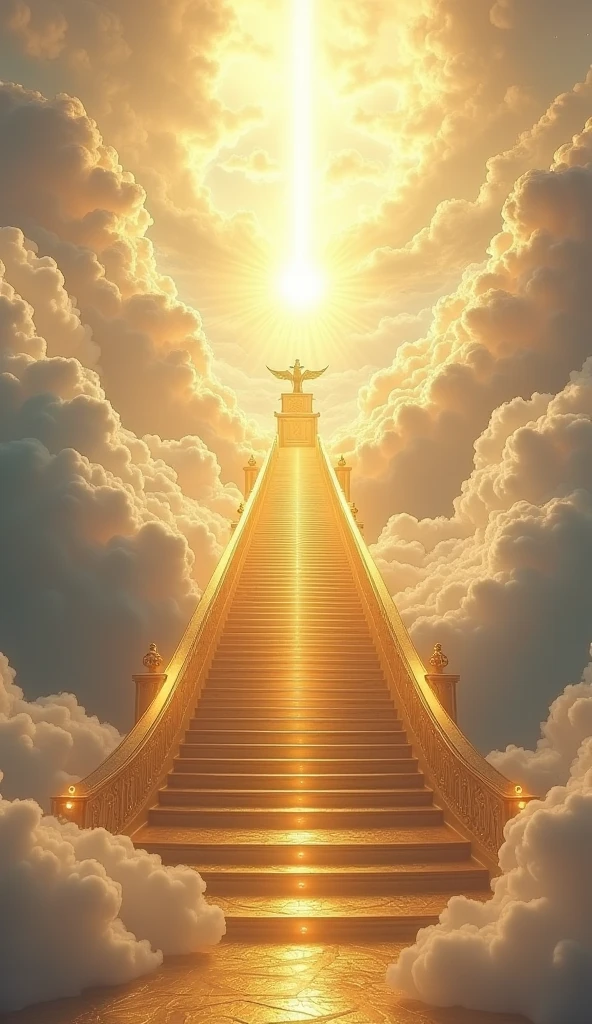 Here’s a detailed prompt for generating an image:
"A grand, radiant staircase ascends from the earth towards the heavens, leading directly to the magnificent throne of God. The steps are made of gleaming gold and ivory, each one shining with divine light. The staircase passes through layers of clouds, which are illuminated by a soft, heavenly glow. At the summit, the throne of God is visible, enormous and majestic, surrounded by a brilliant aura. The throne is crafted from pure gold, adorned with intricate designs and glowing gemstones, exuding an overwhelming sense of power and holiness. Above and around the throne, a blinding, celestial light radiates, filling the sky with shades of gold, white, and soft blue. Angels hover around the throne, adding to the sacred atmosphere. The scene evokes awe, reverence, and a profound sense of divine presence, symbolizing the ultimate spiritual journey."