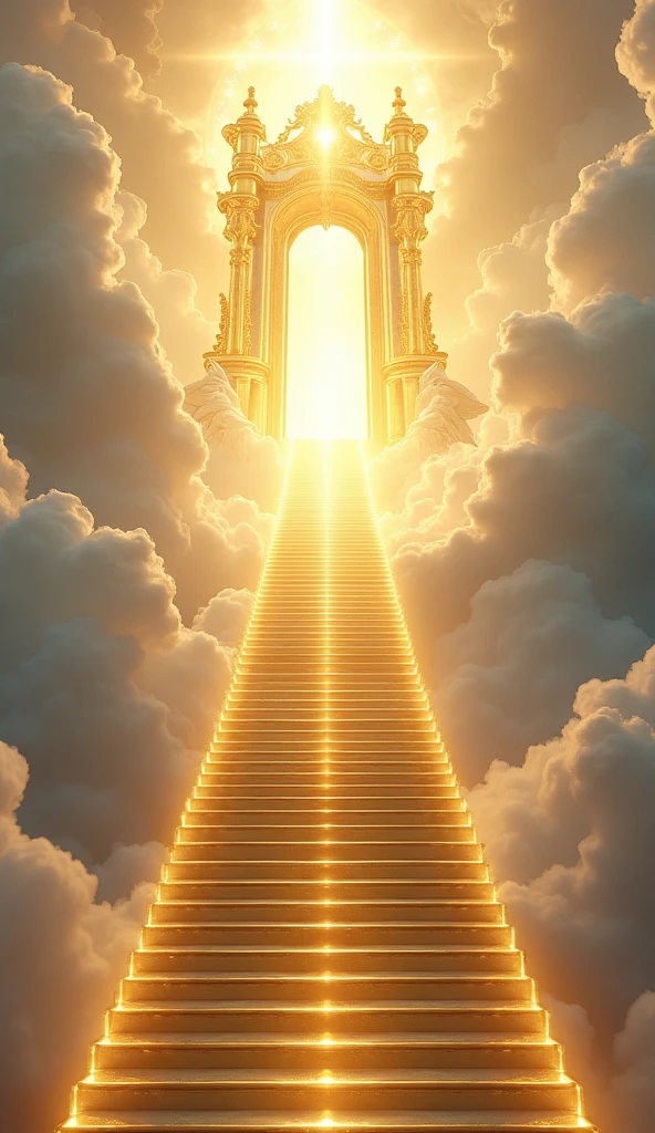 Here’s a detailed prompt for generating an image:
"A grand, radiant staircase ascends from the earth towards the heavens, leading directly to the magnificent throne of God. The steps are made of gleaming gold and ivory, each one shining with divine light. The staircase passes through layers of clouds, which are illuminated by a soft, heavenly glow. At the summit, the throne of God is visible, enormous and majestic, surrounded by a brilliant aura. The throne is crafted from pure gold, adorned with intricate designs and glowing gemstones, exuding an overwhelming sense of power and holiness. Above and around the throne, a blinding, celestial light radiates, filling the sky with shades of gold, white, and soft blue. Angels hover around the throne, adding to the sacred atmosphere. The scene evokes awe, reverence, and a profound sense of divine presence, symbolizing the ultimate spiritual journey."