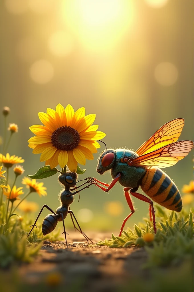 Create an ant presenting a sunflower bouquet to the cicada