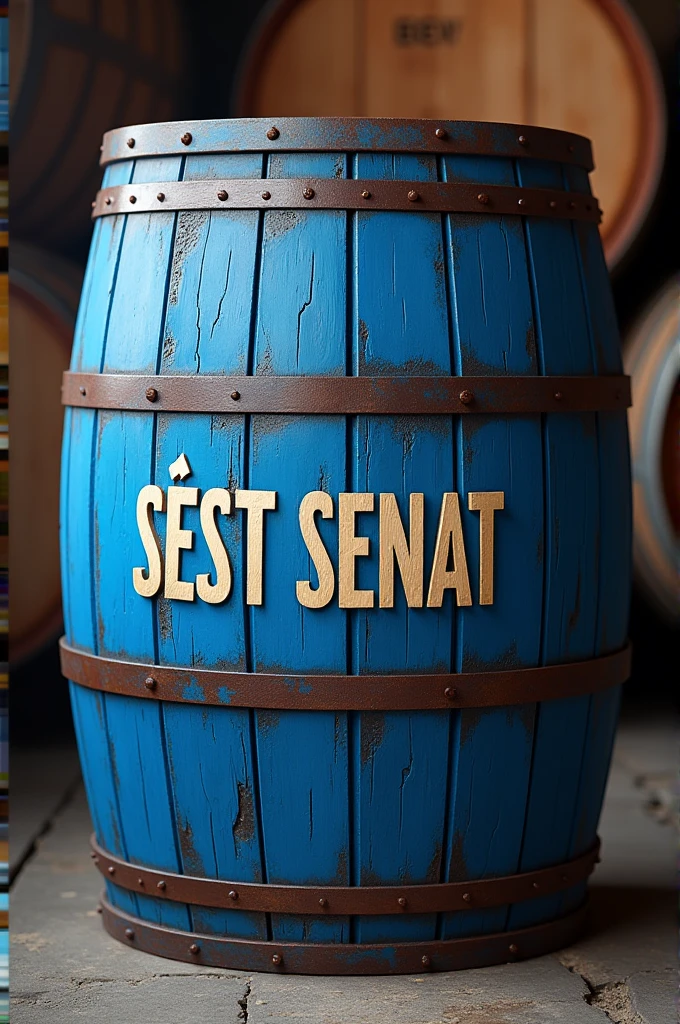 Create a blue beer barrel written SEST SENAT 