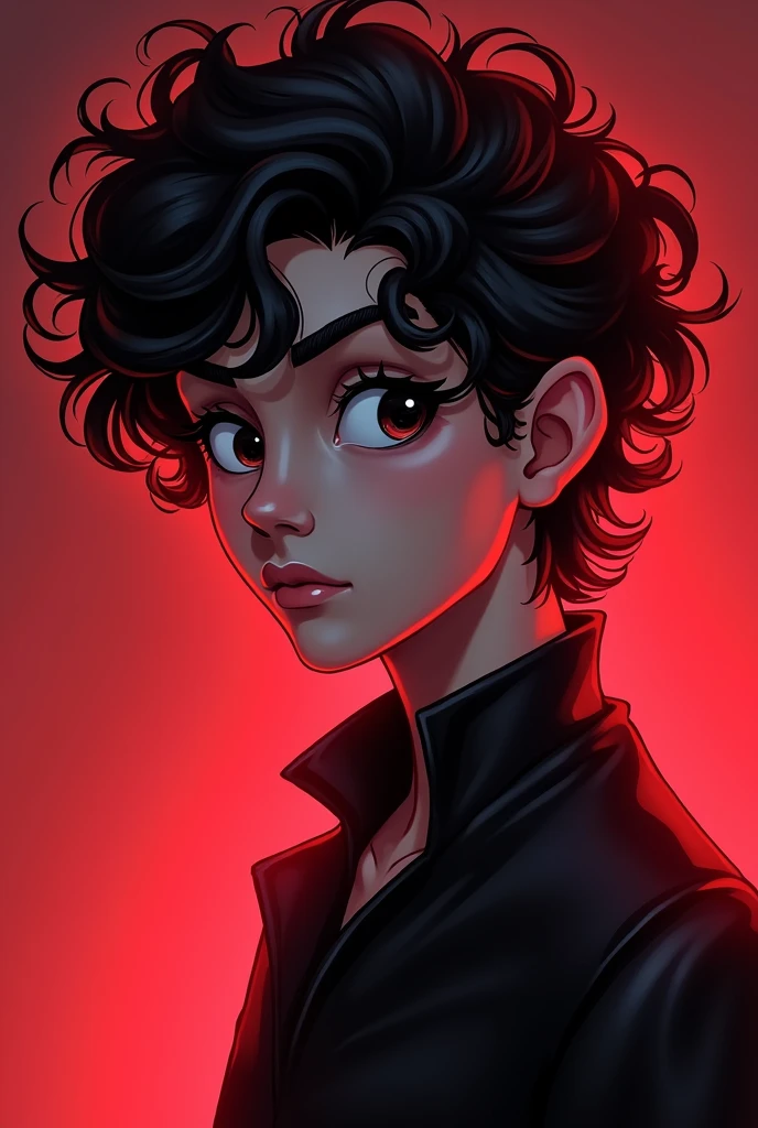 A character who is charismatic with an aura around him in red, with black eyes. A profile picture of a streamer, cartoon, curly hair.