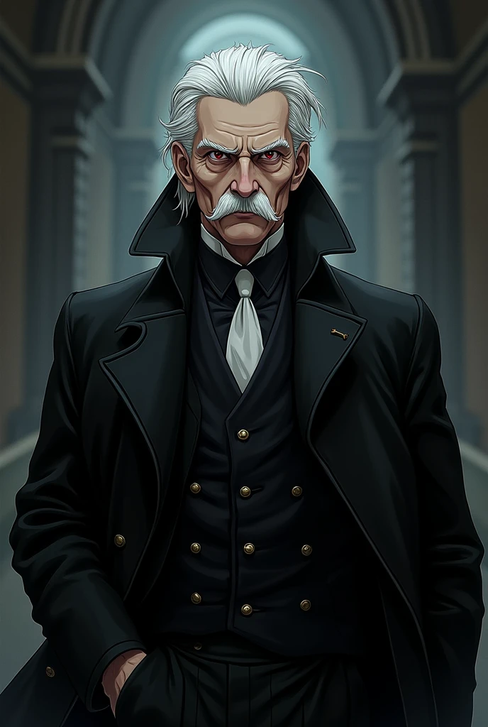 Character with white hair combed to the sides and a little big, red left eye, right eye brown, a mustache, a black overcoat. He appears to be 50 years old and he is inspired by Jack the Ripper from Shuumatsu no Valkyrie